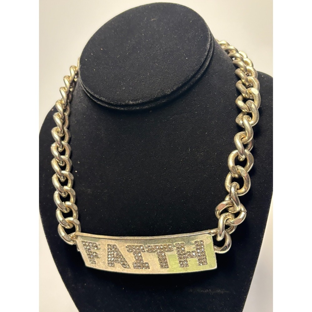 Necklace Dog Collar Choker Faith‎ Name Rhinestones Very Extra Chunky Silver Tone